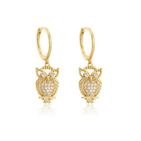 Orecchini a Cerchio con Ciondolo Gufo in Argento Sterling 925 Placcato Oro Zirconia Intarsiata Animale Per Donna Gioielli