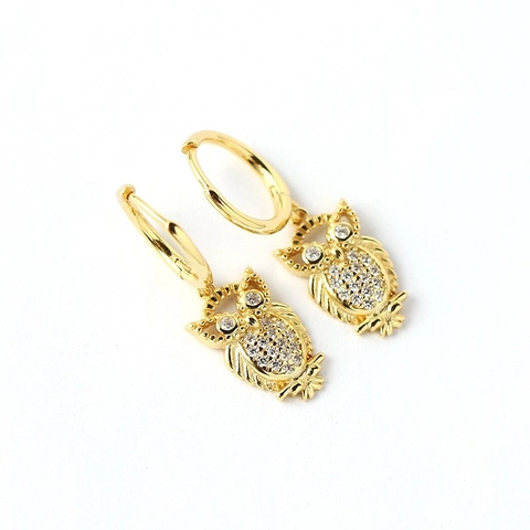 Squisiti Orecchini A Cerchio A Forma Di Gufo In Argento Sterling 925 Placcato Oro Con Zirconi Luccicanti Per Donna