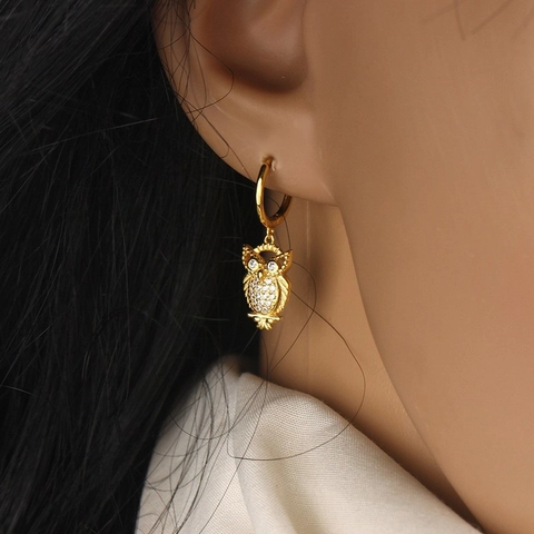 Orecchini a Cerchio con Ciondolo Gufo in Argento Sterling 925 Placcato Oro Zirconia Intarsiata Animale Per Donna Gioielli