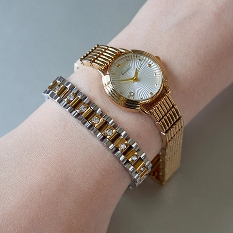 Women Stainless Steel Bracelet Watch Strap Style Two Tone Gold Silver Color With Zircon Inlay Fashion Hypoallergenic