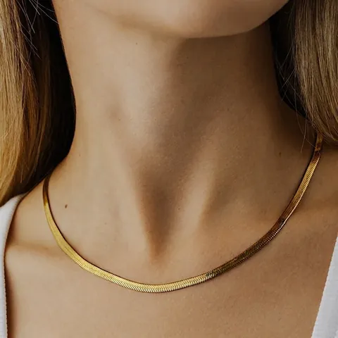 Collar De Cadena Herringbone Chapado En Oro De 18K Acero Inoxidable Plano Hueso De Serpiente Joyería Minimalista Mujer