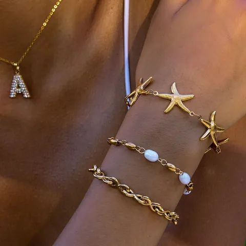 Gioielli In Acciaio Inossidabile Placcato Oro Bracciale Stella Marina Collana Pendente Lettera A Strass Perla de Agua Dulce Imitazione