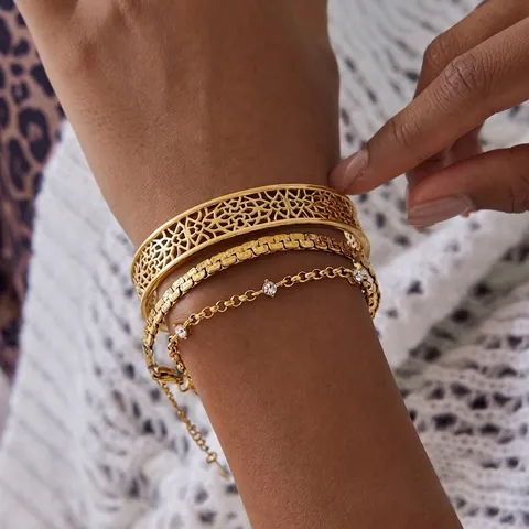 Hohler Geometrischer Manschettenarmreif Und Schlangenkette Mit Kristall Edelstahl Schmuck Für Damen Vintage Wasserfester Armreif