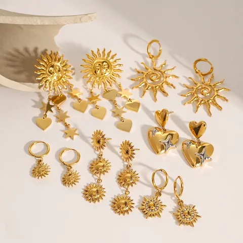 Orecchini Pendenti In Acciaio Inossidabile Placcato Oro Sole Stella Cuore Nappa Retro Boho Gioielli Per Donne