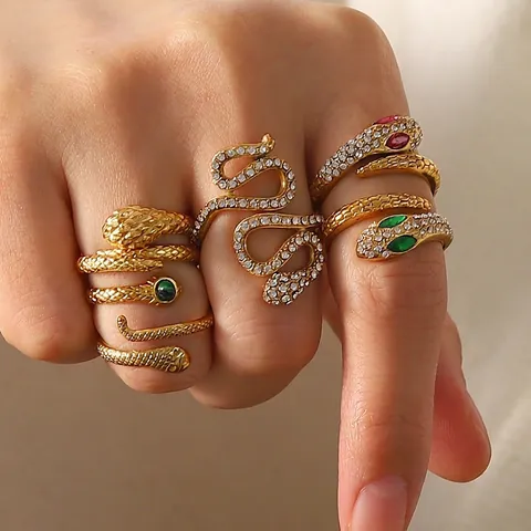 Retro Roestvrij Staal Slangvormige Open Ring Voor Vrouwen Hoge Kwaliteit Strass Ingelegde Vergulde Verstelbare Dierlijke Vinger Sieraden
