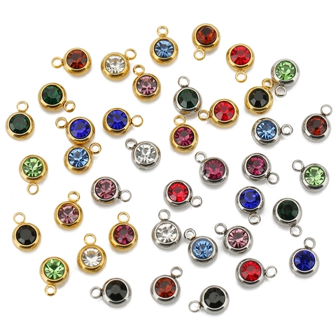 Round Birthstone Charms Pendants 304 Stainless Steel Rhinestone Inlaid For DIY Jewelry Making Necklace Bracelet Accessory