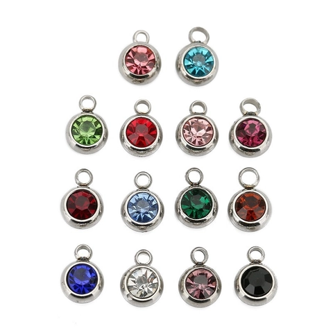 Round Birthstone Charms Pendants 304 Stainless Steel Rhinestone Inlaid For DIY Jewelry Making Necklace Bracelet Accessory