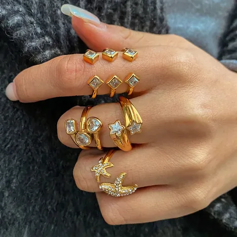 Vergoldete Edelstahlringe Zirkon Geometrisch Stern Herz Sonne Wasserdicht Hypoallergen Modeschmuck Für Damen