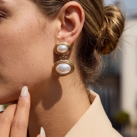 Pendientes Colgantes Vintage Doble Perla Artificial Chapado Oro Acero Inoxidable Marco Ovalado Joyería Elegante Hipoalergénica Para Mujer