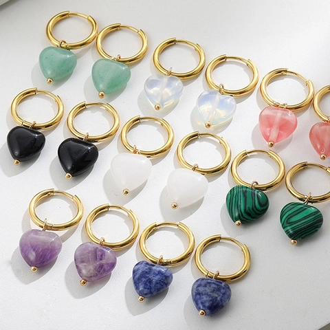 Natural Stone Heart Pendant Hoop Earrings 18K Gold Plated Simple Elegant Minimalist Jewelry For Women