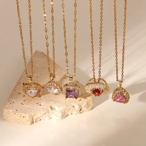 18K Gold Plated Stainless Steel Copper Square Purple Stone Rhinestone Pendant Necklace For Women Fashion Inlaid Jewelry