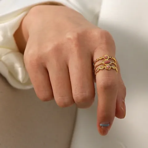 Anillo Ajustable Abierto de 3 Capas de Acero Inoxidable Chapado en Oro Con Piedra Natural Rosa Anillo Geometrico Mujer