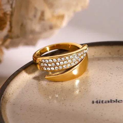 Verstrengelde Zirkoon Open Ring Verguld Roestvrij Staal Meerdere Rijen Strass Verstelbare Mode Sieraden