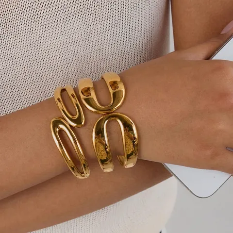 Stainless Steel Cuff Bracelet For Women Hollow Minimalist Geometric Mirror Polished Waterproof Jewelry Fashion Accessory