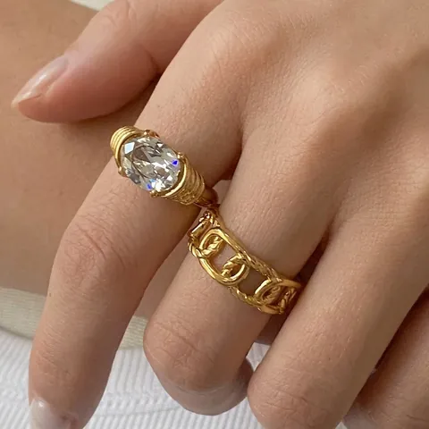 Damen Vintage Vergoldet Edelstahl Ovaler Zirkon Ring Und Hohlkette Band Nicht Anlaufender Mode Schmuck