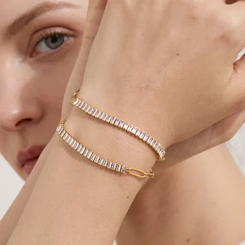 Cubic Zirconia Tennis Bracelet Stainless Steel 18K Gold Plated Rectangular Stone Paperclip Chain Waterproof For Women