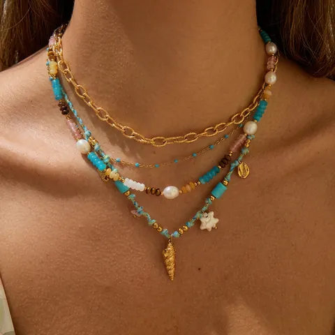 Bohemian Multilayered Necklace Stainless Steel Turquoise Artificial Pearl Shell Starfish Seahorse Pendant Beach Style For Women