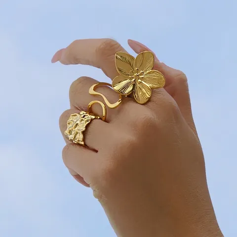Unregelmäßige Blume Edelstahl Ringe Für Frauen Wellenförmige Lava Textur Hohl Verstellbar Wasserdicht Hypoallergen Schmuck