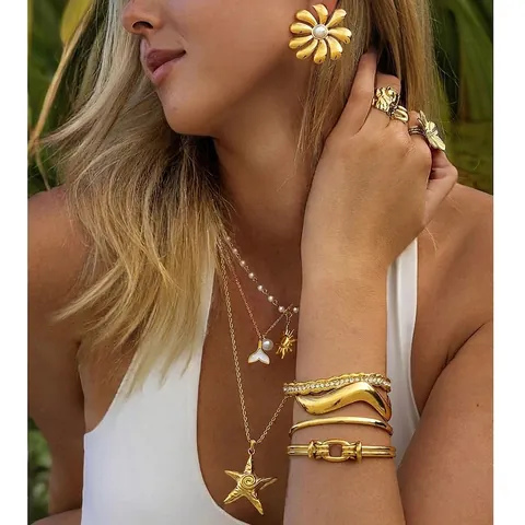 Gold Stainless Steel Jewelry Artificial Pearl Starfish Sun Pendant Necklace Wavy Bracelet Flower Ring Boho Style Waterproof Hypoallergenic