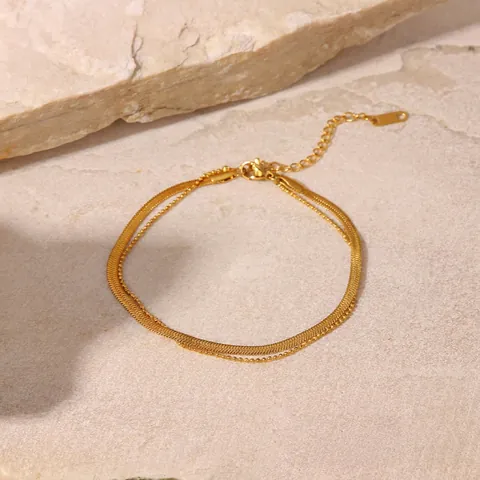 French Minimalist Stainless Steel Double Layer Anklet 18K Gold Plated Snake Bone Chain Bead Chain Fashion Foot Jewelry For Women