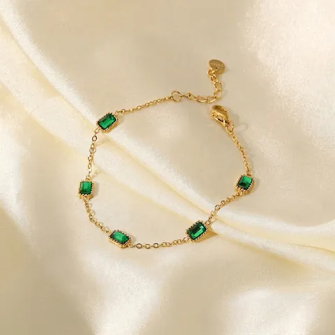 Vintage Roestvrij Stalen Groene Strass Armband Voor Dames Smaragd Geslepen Rechthoekige Steen Verstelbare Ketting Sieraden