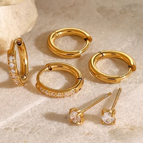Stainless Steel Earrings Zircon Gold Plated Hoops And Studs Minimalist Fashion Jewelry For Women Waterproof Hypoallergenic