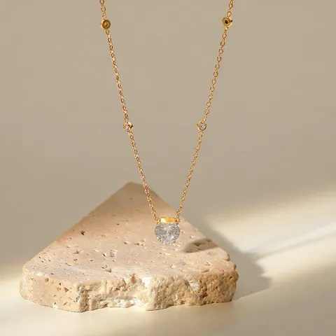 18K Gold Plated Stainless Steel Heart Rhinestone Pendant Necklace For Women Minimalist Elegant Jewelry Party Accessory Gift