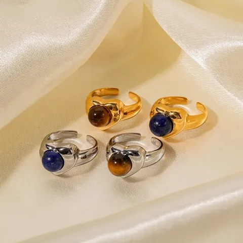 Stainless Steel 18K Gold Plated Tiger Eye Lapis Lazuli Heart Open Ring For Women Minimalist Adjustable Jewelry Gift