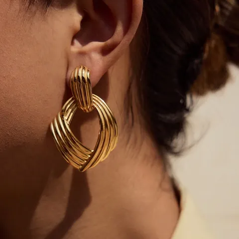 Gedraaide Textuur Hoop Oorbellen Roestvrij Staal Verguld Geometrisch Retro Mode Statement Sieraden Voor Dames