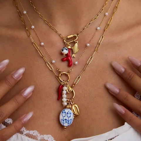 Collana In Acciaio Inossidabile Oro Catena Multistrato Con Perla Artificial Ceramica Pesce Cuore Peperoncino Gioielli Boho Chic Donna