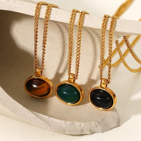 Ovaler Naturstein Anhänger Halskette 18K Vergoldet Edelstahl Kette Retro Geometrischer Schmuck Geschenk Für Frauen