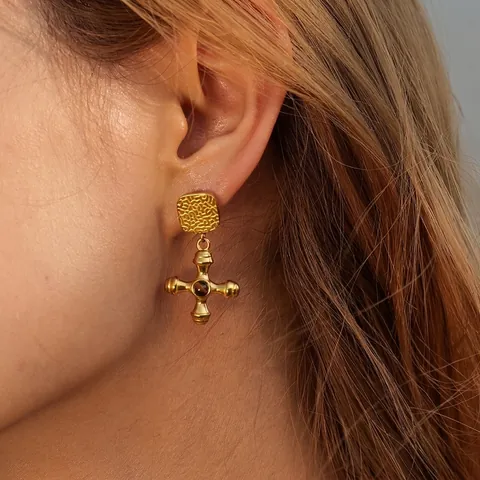 Orecchini in Acciaio Inossidabile Placcato Oro 18K Stile INS Vintage per Donna Orecchini Pendenti a Croce con Pietra Occhio di Tigre