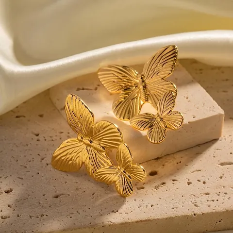 Pendientes de Botón de Mariposa de Acero Inoxidable Estilo Francés Vintage Para Mujer Joyas de Doble Mariposa Chapadas en Oro