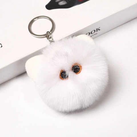 Cute Cat Head Plush Pom Pom Keychain For Women Girls Faux Fur Animal Bag Charm Pendant Decoration Car Key Ring Birthday Gift