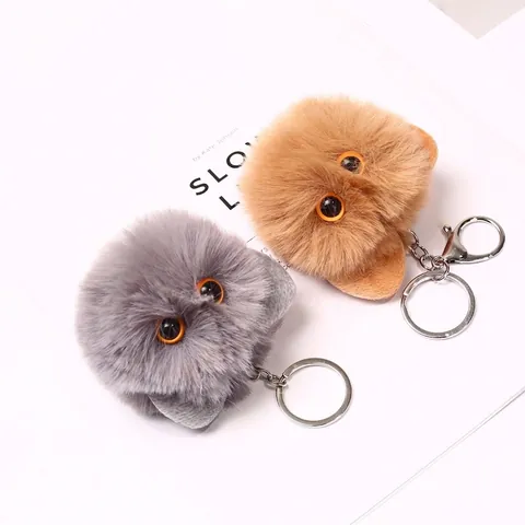 Cute Cat Head Plush Pom Pom Keychain For Women Girls Faux Fur Animal Bag Charm Pendant Decoration Car Key Ring Birthday Gift