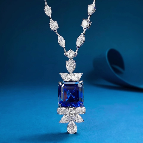 Collana Di Lusso Con Pendente Quadrato Blu Reale Taglio Smeraldo Argento Sterling 925 Strass Brillanti Gioielli Da Donna