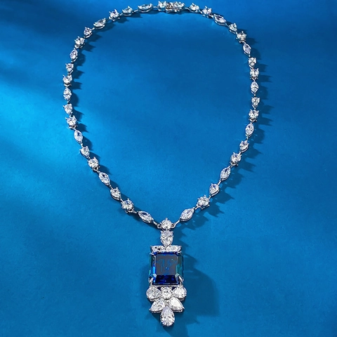 Collana Di Lusso Con Pendente Quadrato Blu Reale Taglio Smeraldo Argento Sterling 925 Strass Brillanti Gioielli Da Donna