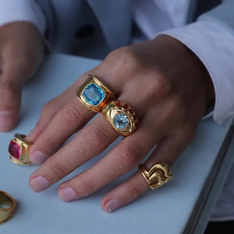 Vintage Chunky Stainless Steel Ring Large Rectangle Zircon Gold Plated Waterproof Fashion Jewelry For Women
