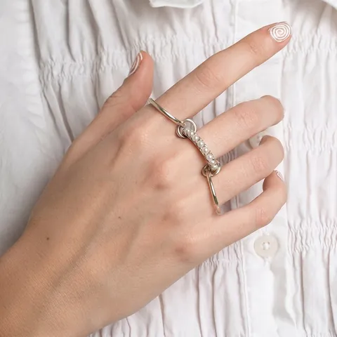 Stainless Steel Interconnected Rings For Women With Faux Artificial Pearl Embellishment Stackable Multi Layer Finger Jewelry Elegant