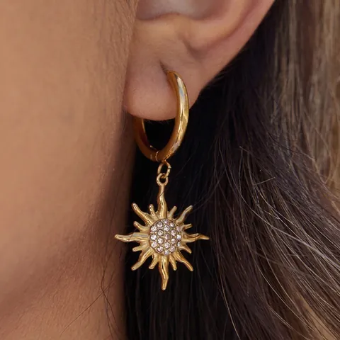 Sonne Anhänger Creolen Edelstahl Mit Strass Vergoldet Licht Luxus Schmuck Für Frauen