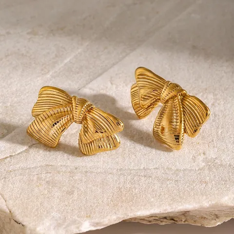 Stainless Steel Bowknot Earrings 18k Gold Plated Brushed Striped Textured Vintage Style For Women