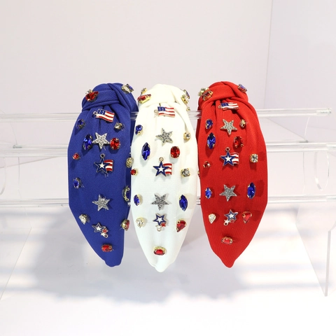 Patriotic Knotted Wide Headband Rhinestone US Flag Jeweled Hairband Crystal Stars Turban Headpiece For Independence Day Women