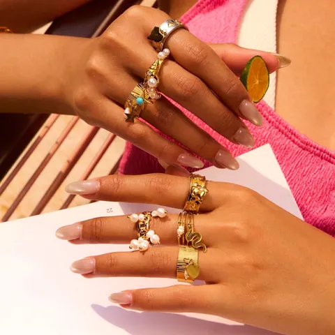 Stainless Steel Rings For Women With Dangle Heart Star Snake Charms Waterproof Hypoallergenic Gold Plated Trendy Jewelry