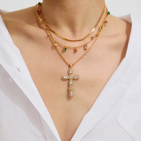 Stainless Steel Cross Pendant Necklace For Women Waterproof Hypoallergenic Multi Layered Fashion Elegant Gold Plated