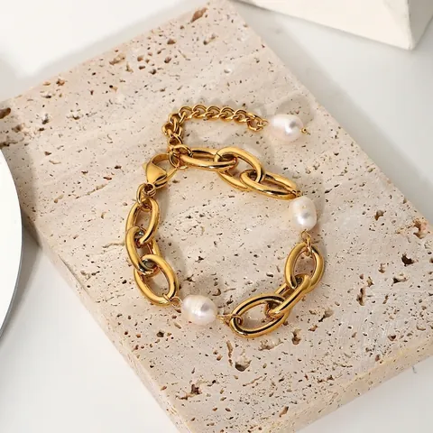 18K Gold Plated Stainless Steel Chunky Chain Bracelet With Artificial Pearl Embellishment For Women Fashion Jewelry
