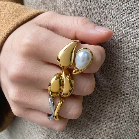 Stainless Steel Rings For Women Gold Silver Two-Tone Irregular Wave Design With Large Imitation Artificial Pearl Waterproof Hypoallergenic Jewelry