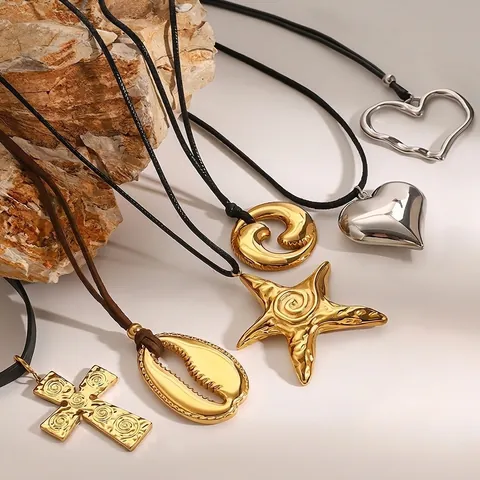 Roestvrijstalen Zeester Schelp Hart Hanger Ketting Met Zwart Koord Waterdicht Hypoallergeen Mode Sieraden Voor Dames