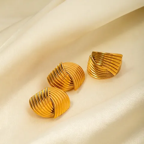 Minimalist Stainless Steel Electroplated 18K Gold Intertwined Stripe Texture Open Ring And Earrings Set For Women Fashion Jewelry