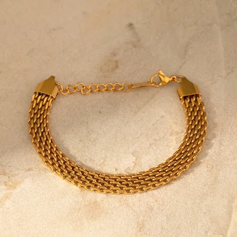 Modern Ins Style Wide Watch Band Mesh Chain Bracelet For Women Stainless Steel 18K Gold Plated Woven Link Bracelet Jewelry