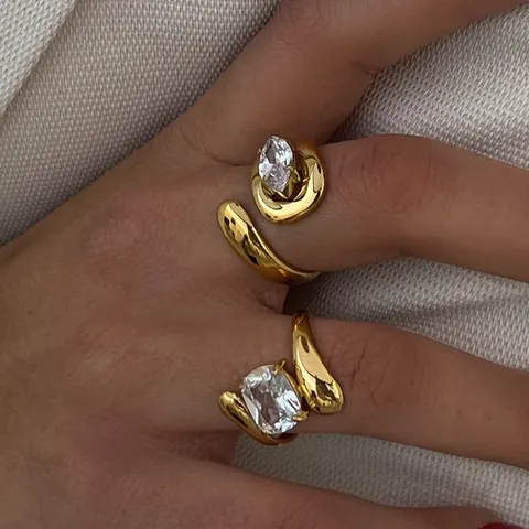 Adjustable Zircon Ring Stainless Steel Gold Plated Open Finger Jewelry For Women Modern Minimalist Style